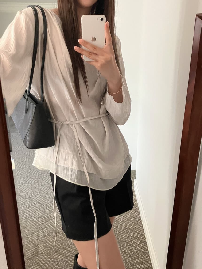 재고 있음 cherry 느긋한 분위기 센스 도루 가을 칼라 이중층 의류 루즈핏 마이크로 ~을 통해 긴팔 셔츠 경기 리본 상세 이미지 17