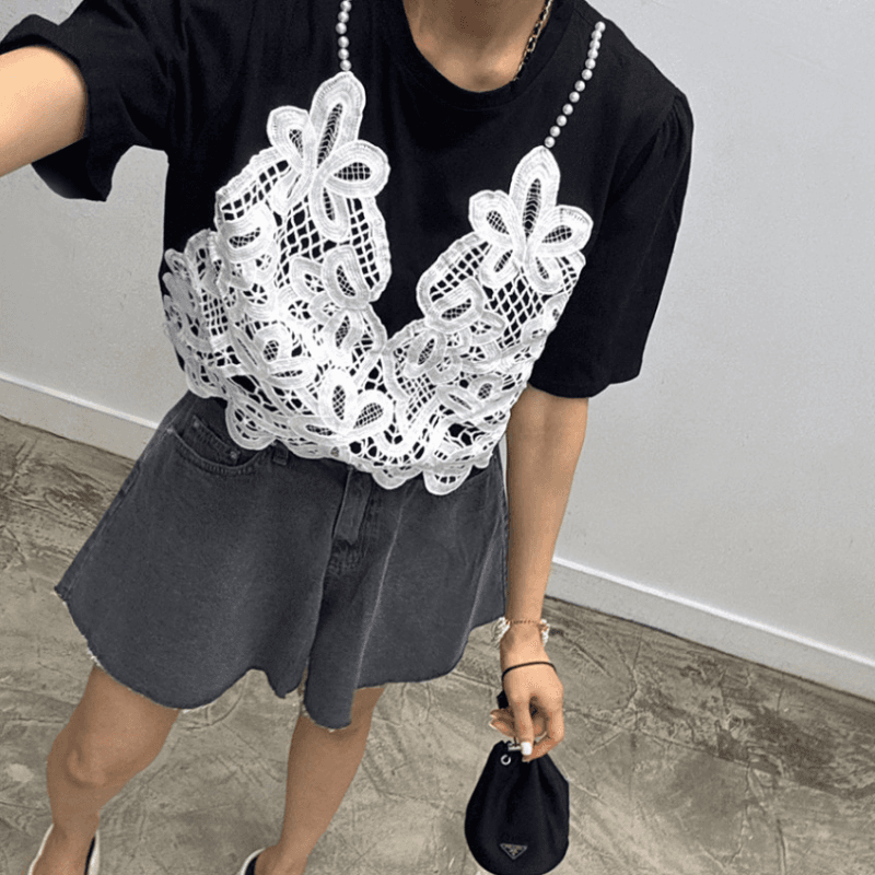 재고 있음 cherry 달콤한 차가운 바람 진주 어깨끈 패치워크 레이스 낭만주의 페이크 레이어드 반팔 티셔츠 경기 나비 매듭