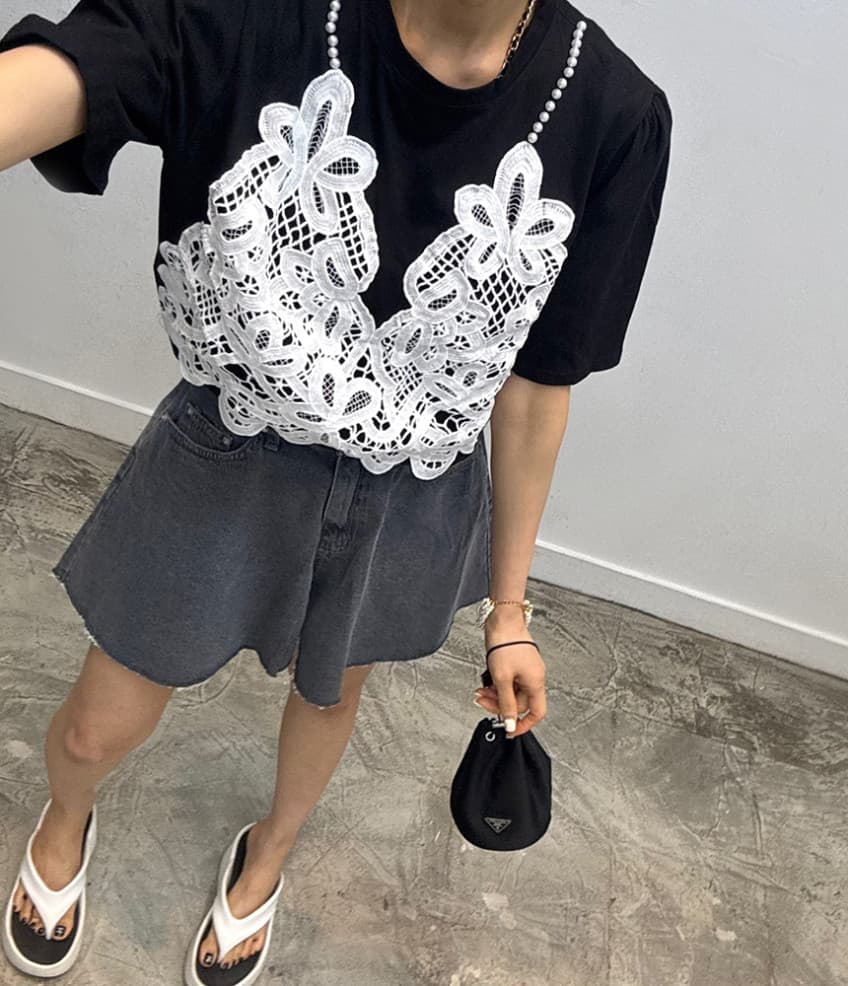재고 있음 cherry 달콤한 차가운 바람 진주 어깨끈 패치워크 레이스 낭만주의 페이크 레이어드 반팔 티셔츠 경기 나비 매듭 상세 이미지 1