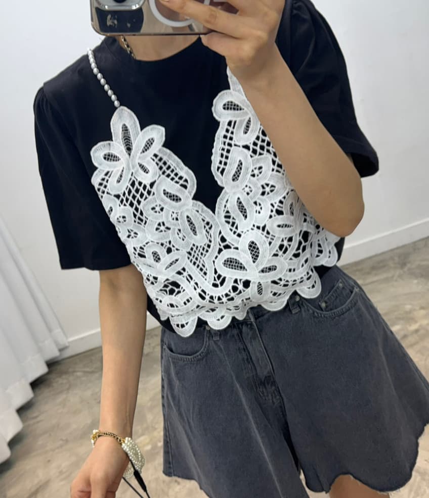 재고 있음 cherry 달콤한 차가운 바람 진주 어깨끈 패치워크 레이스 낭만주의 페이크 레이어드 반팔 티셔츠 경기 나비 매듭 상세 이미지 2