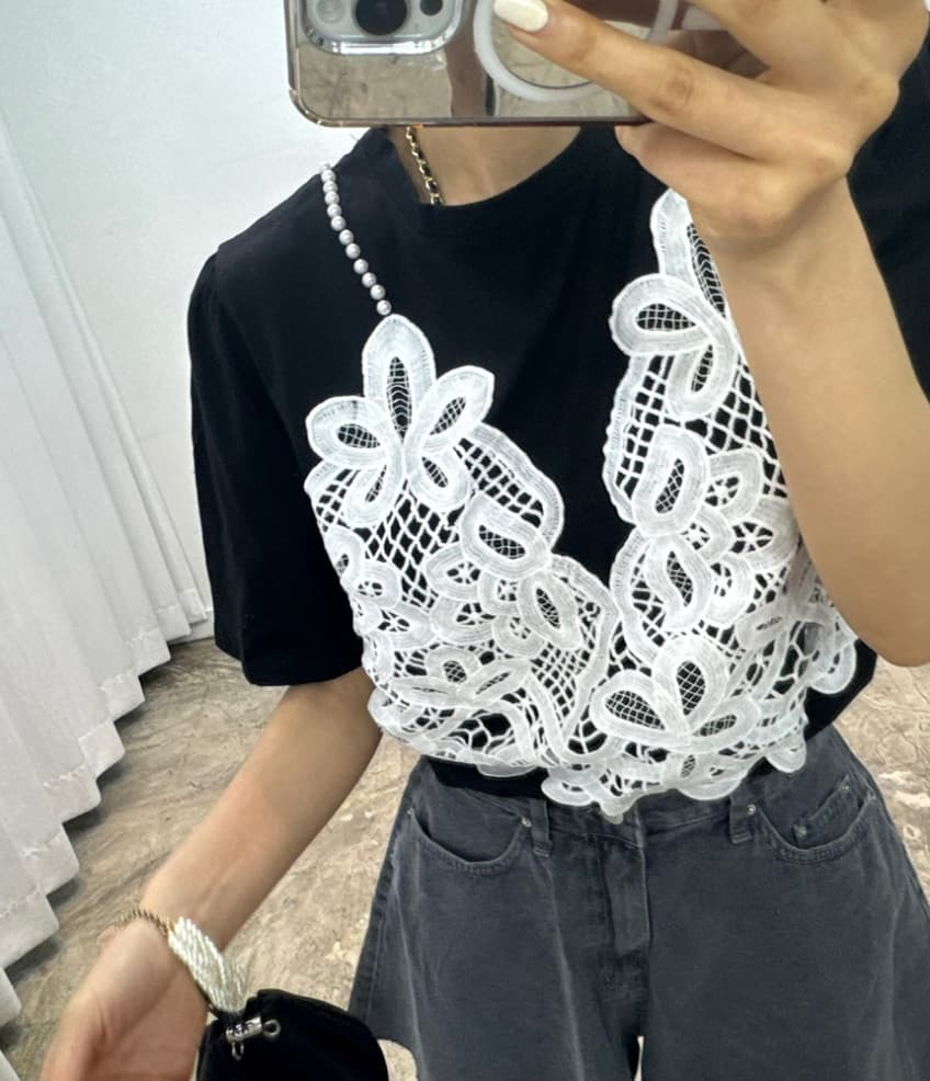 재고 있음 cherry 달콤한 차가운 바람 진주 어깨끈 패치워크 레이스 낭만주의 페이크 레이어드 반팔 티셔츠 경기 나비 매듭 상세 이미지 5