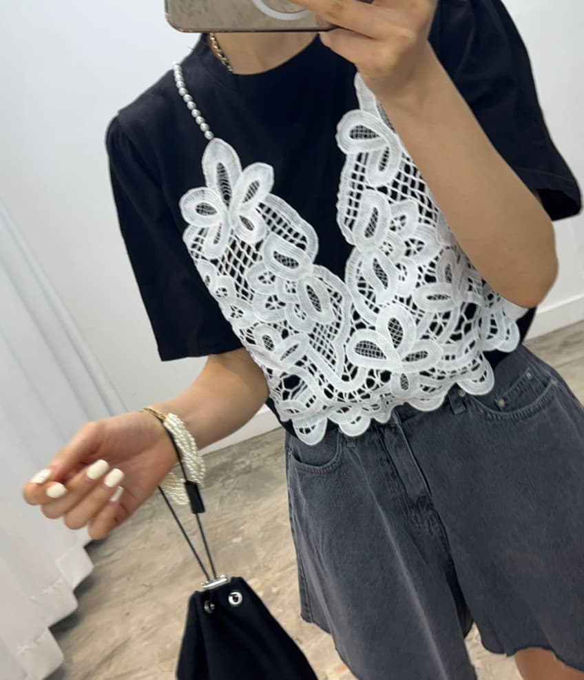 재고 있음 cherry 달콤한 차가운 바람 진주 어깨끈 패치워크 레이스 낭만주의 페이크 레이어드 반팔 티셔츠 경기 나비 매듭 상세 이미지 12