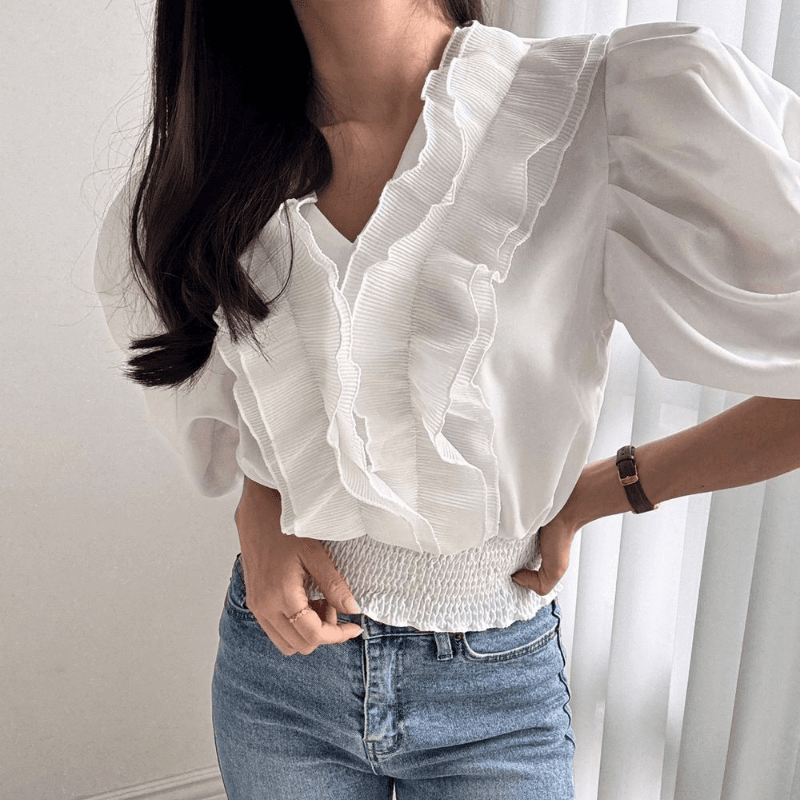 재고 있음 cherry 절묘한 디자인 센스 중복 프릴 V넥 거품 소매 명중 가져 가라. 프릴 반팔 셔츠 이미지 2