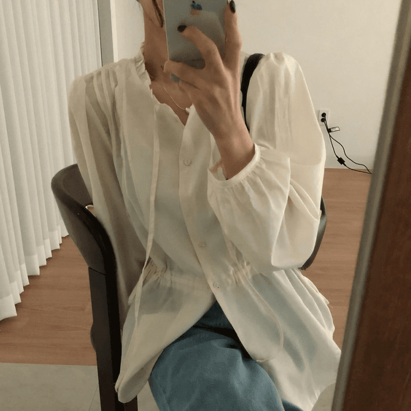 재고 있음 cherry 품격 감기 센스 펌프 로프 허리 수축 마이크로 ~을 통해 거품 소매 프릴 리본 얇고 가벼운 긴팔 셔츠 이미지 4