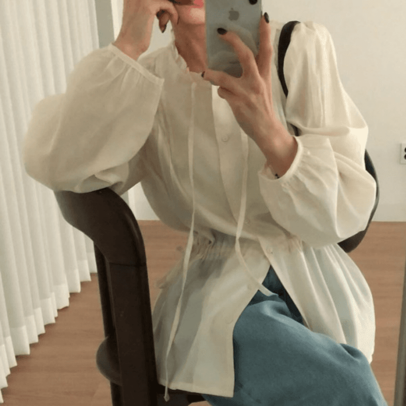 재고 있음 cherry 품격 감기 센스 펌프 로프 허리 수축 마이크로 ~을 통해 거품 소매 프릴 리본 얇고 가벼운 긴팔 셔츠 이미지 2