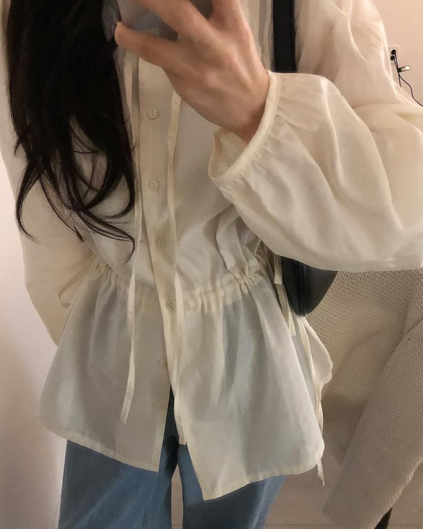 재고 있음 cherry 품격 감기 센스 펌프 로프 허리 수축 마이크로 ~을 통해 거품 소매 프릴 리본 얇고 가벼운 긴팔 셔츠 상세 이미지 7