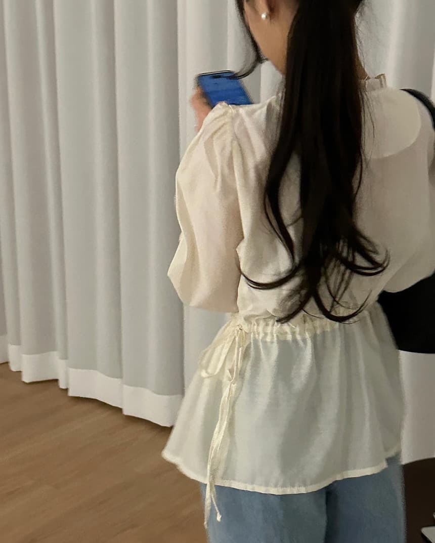 재고 있음 cherry 품격 감기 센스 펌프 로프 허리 수축 마이크로 ~을 통해 거품 소매 프릴 리본 얇고 가벼운 긴팔 셔츠 상세 이미지 11