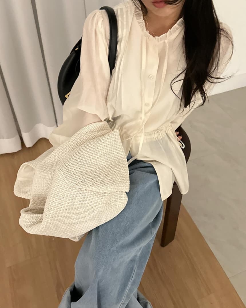 재고 있음 cherry 품격 감기 센스 펌프 로프 허리 수축 마이크로 ~을 통해 거품 소매 프릴 리본 얇고 가벼운 긴팔 셔츠 상세 이미지 13