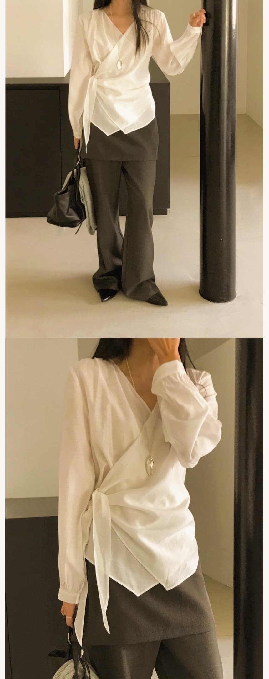 재고 있음 cherry 프랑스식 고급 십자가 V넥 디자인 센스 불규칙 스트랩 허리 수축 마이크로 ~을 통해 긴팔 셔츠 상세 이미지 4