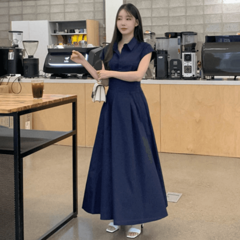 재고 있음 cherry 패션 품격 폴로 칼라 디자인 연령 감소 허리 수축 슬림해 보이는 청소 출퇴근 다용도 반팔 드레스 이미지 4