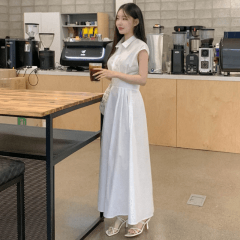 재고 있음 cherry 패션 품격 폴로 칼라 디자인 연령 감소 허리 수축 슬림해 보이는 청소 출퇴근 다용도 반팔 드레스 이미지 5
