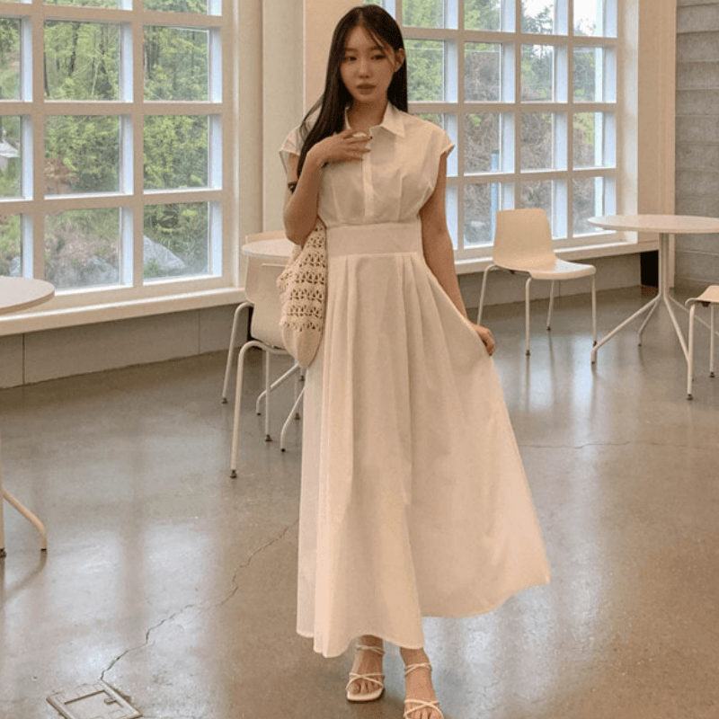재고 있음 cherry 패션 품격 폴로 칼라 디자인 연령 감소 허리 수축 슬림해 보이는 청소 출퇴근 다용도 반팔 드레스