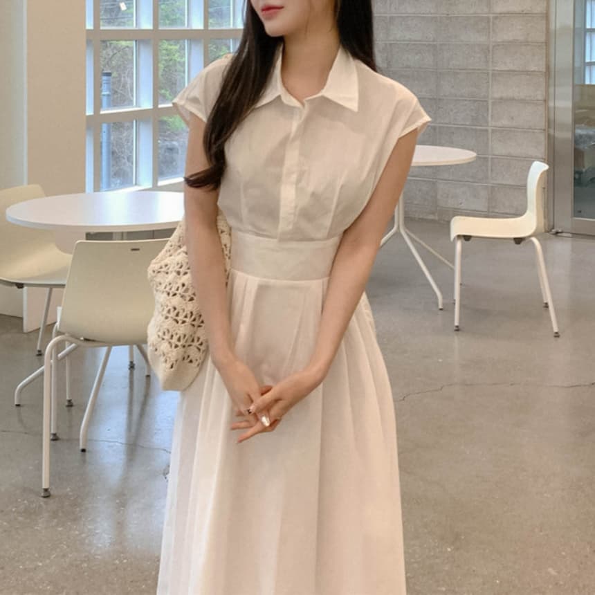 재고 있음 cherry 패션 품격 폴로 칼라 디자인 연령 감소 허리 수축 슬림해 보이는 청소 출퇴근 다용도 반팔 드레스 상세 이미지 6