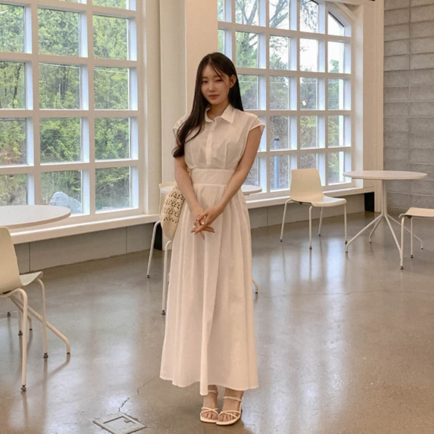 재고 있음 cherry 패션 품격 폴로 칼라 디자인 연령 감소 허리 수축 슬림해 보이는 청소 출퇴근 다용도 반팔 드레스 상세 이미지 7