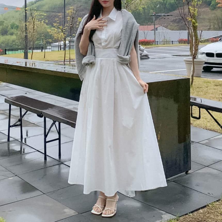 재고 있음 cherry 패션 품격 폴로 칼라 디자인 연령 감소 허리 수축 슬림해 보이는 청소 출퇴근 다용도 반팔 드레스 상세 이미지 9