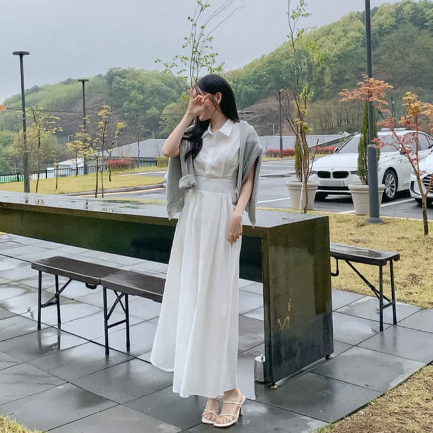 재고 있음 cherry 패션 품격 폴로 칼라 디자인 연령 감소 허리 수축 슬림해 보이는 청소 출퇴근 다용도 반팔 드레스 상세 이미지 10
