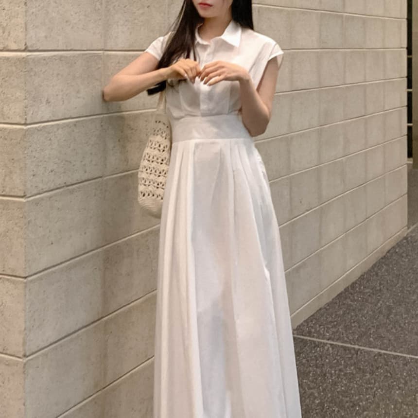 재고 있음 cherry 패션 품격 폴로 칼라 디자인 연령 감소 허리 수축 슬림해 보이는 청소 출퇴근 다용도 반팔 드레스 상세 이미지 11