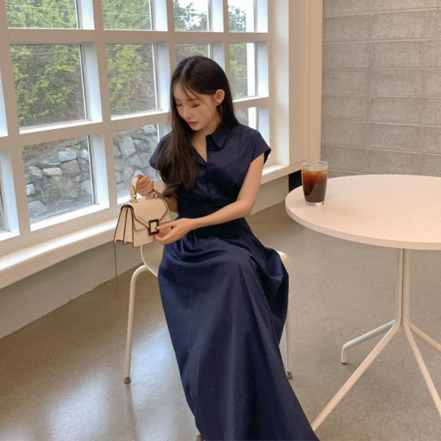 재고 있음 cherry 패션 품격 폴로 칼라 디자인 연령 감소 허리 수축 슬림해 보이는 청소 출퇴근 다용도 반팔 드레스 상세 이미지 18