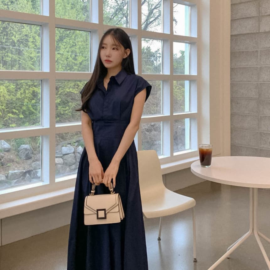 재고 있음 cherry 패션 품격 폴로 칼라 디자인 연령 감소 허리 수축 슬림해 보이는 청소 출퇴근 다용도 반팔 드레스 상세 이미지 22