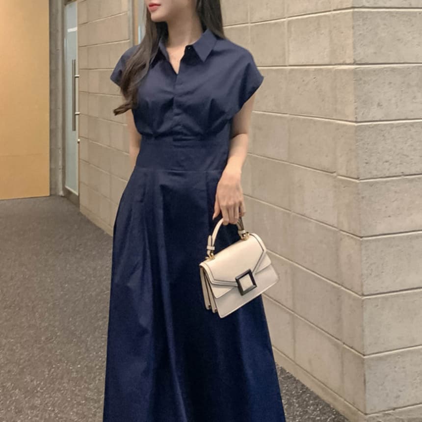 재고 있음 cherry 패션 품격 폴로 칼라 디자인 연령 감소 허리 수축 슬림해 보이는 청소 출퇴근 다용도 반팔 드레스 상세 이미지 23
