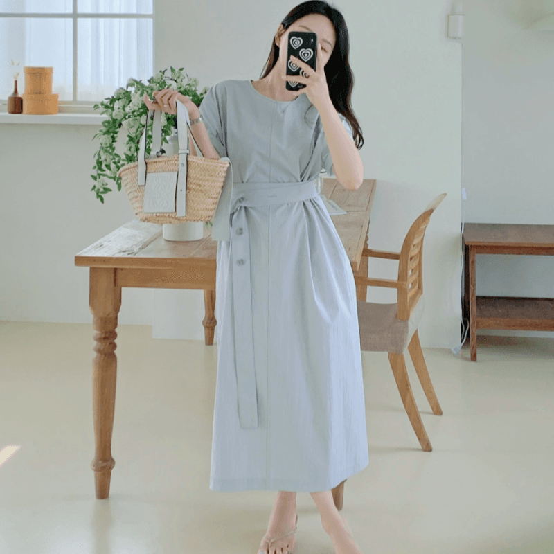 재고 있음 cherry 품격 빛 성숙한 여인 느긋한 낭만주의 분위기 센스 가방 삽입 허리 수축 반팔 드레스 벨트 포함 이미지 4