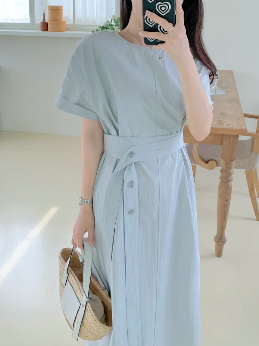 재고 있음 cherry 품격 빛 성숙한 여인 느긋한 낭만주의 분위기 센스 가방 삽입 허리 수축 반팔 드레스 벨트 포함 상세 이미지 17