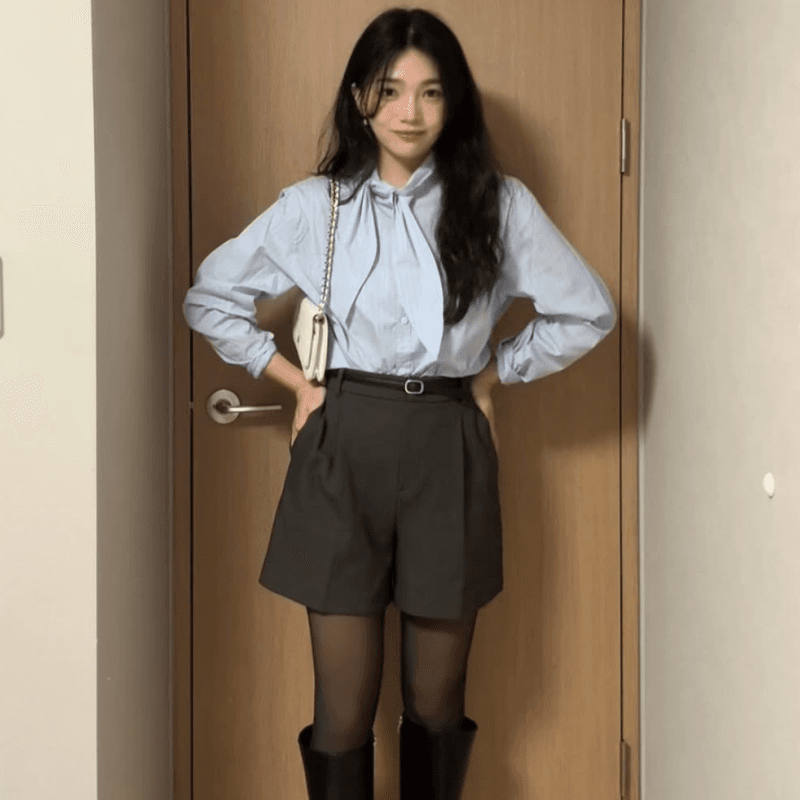 재고 있음 cherry 분위기 센스 당겨서 전체 한 부서 부드러운 바람 블루스 스트라이프 매듭이 달린 리본 긴팔 여성 셔츠