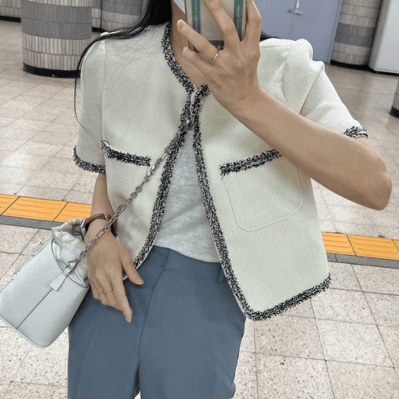 재고 있음 cherry 한 부서 품격 배색 테두리 장식 트위드 출퇴근 작은 샤넬 스타일 외부 가져 가라. 작은 열림 셔츠 반팔 재킷