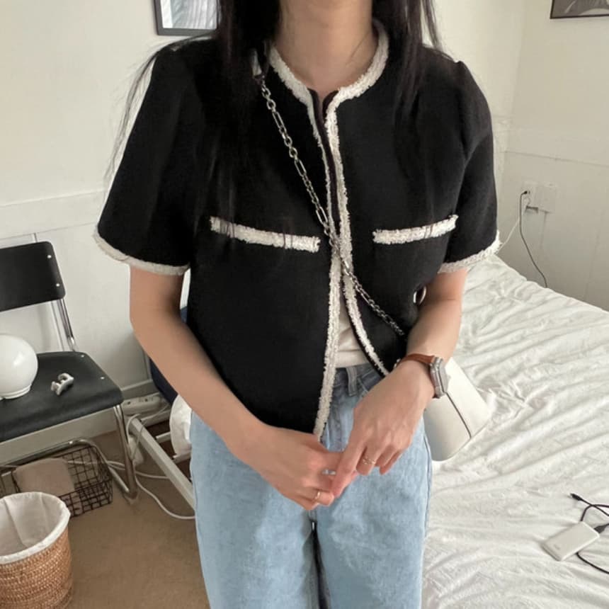 재고 있음 cherry 한 부서 품격 배색 테두리 장식 트위드 출퇴근 작은 샤넬 스타일 외부 가져 가라. 작은 열림 셔츠 반팔 재킷 상세 이미지 6