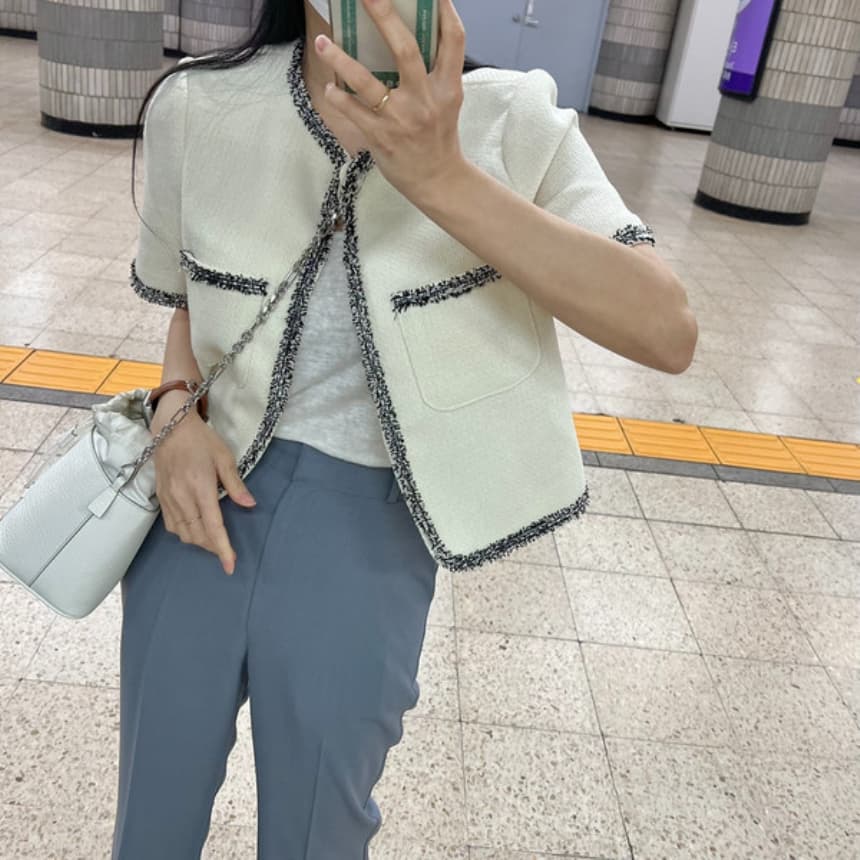 재고 있음 cherry 한 부서 품격 배색 테두리 장식 트위드 출퇴근 작은 샤넬 스타일 외부 가져 가라. 작은 열림 셔츠 반팔 재킷 상세 이미지 14
