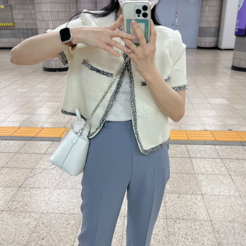 재고 있음 cherry 한 부서 품격 배색 테두리 장식 트위드 출퇴근 작은 샤넬 스타일 외부 가져 가라. 작은 열림 셔츠 반팔 재킷 상세 이미지 15