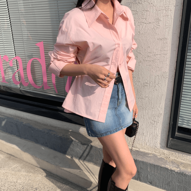 재고 있음 cherry 프랑스식 Chic 디자인 센스 전체 측면 단추 허리 수축 디스플레이 커브 캐주얼 다용도 긴팔 셔츠