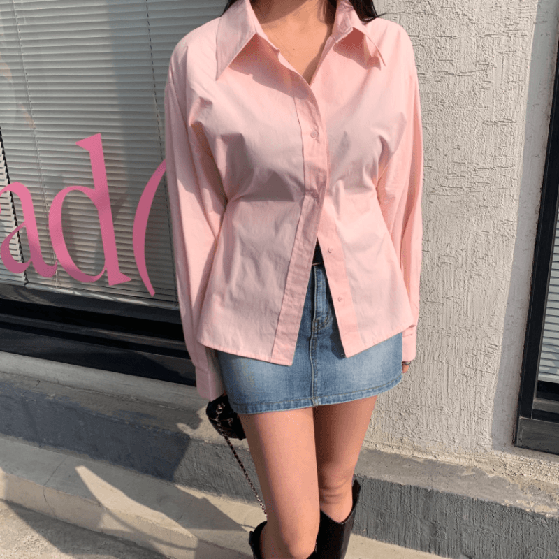 재고 있음 cherry 프랑스식 Chic 디자인 센스 전체 측면 단추 허리 수축 디스플레이 커브 캐주얼 다용도 긴팔 셔츠 이미지 4