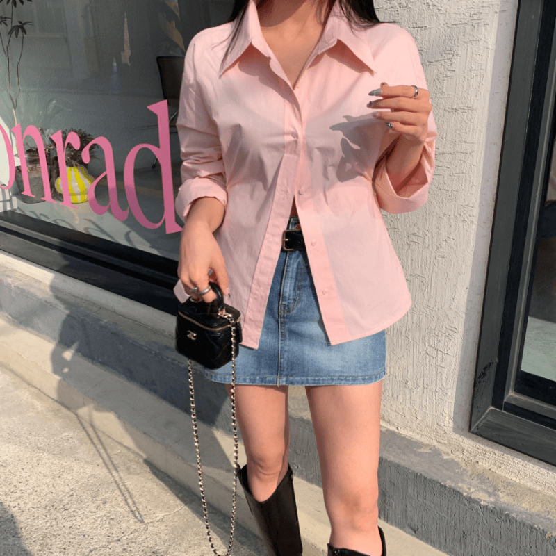 재고 있음 cherry 프랑스식 Chic 디자인 센스 전체 측면 단추 허리 수축 디스플레이 커브 캐주얼 다용도 긴팔 셔츠 이미지 5