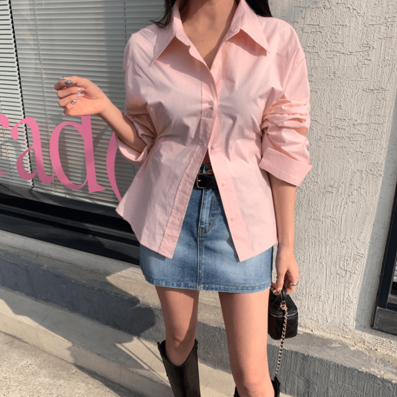 재고 있음 cherry 프랑스식 Chic 디자인 센스 전체 측면 단추 허리 수축 디스플레이 커브 캐주얼 다용도 긴팔 셔츠 이미지 2