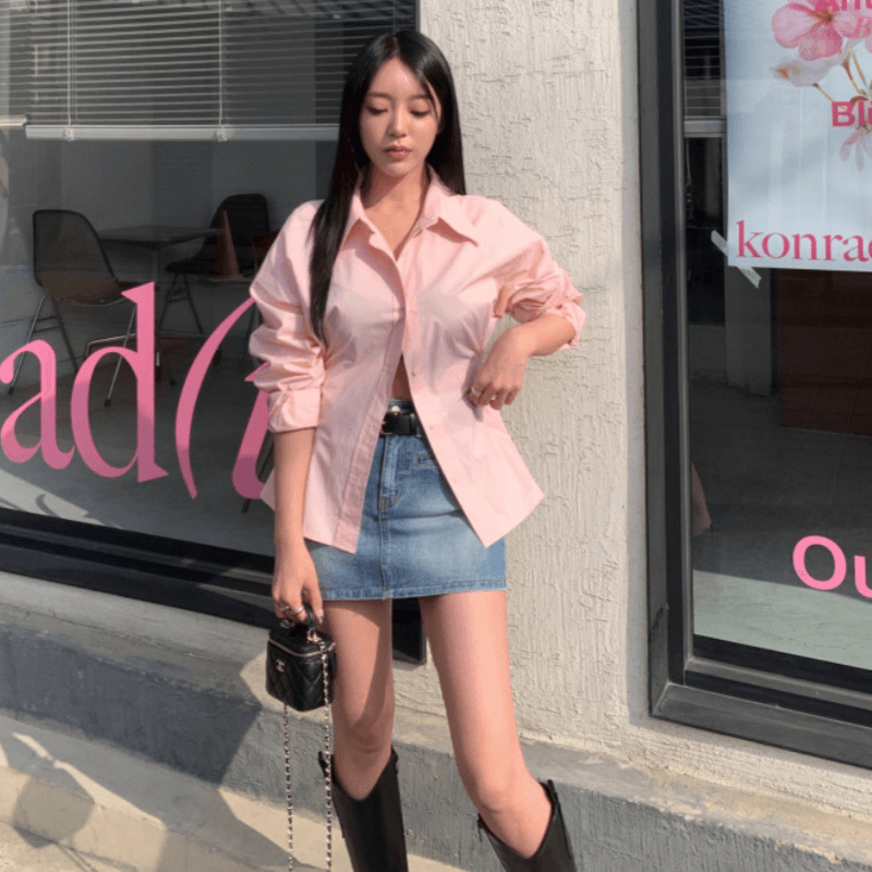 재고 있음 cherry 프랑스식 Chic 디자인 센스 전체 측면 단추 허리 수축 디스플레이 커브 캐주얼 다용도 긴팔 셔츠 이미지 3