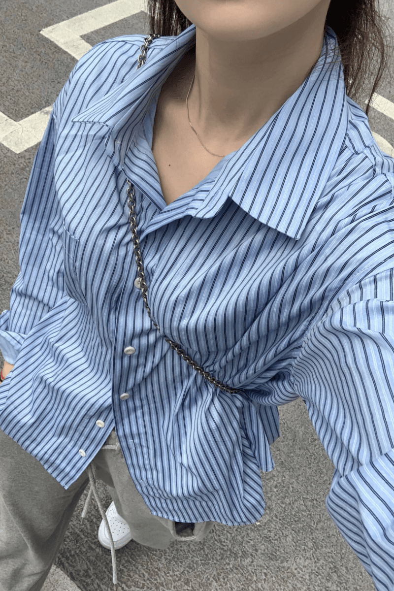재고 있음 cherry 레트로 캐주얼 스트라이프 품격 기타 밝게 요리 한 바람 다용도 폴로 칼라 긴팔 셔츠 여성 셔츠 이미지 4