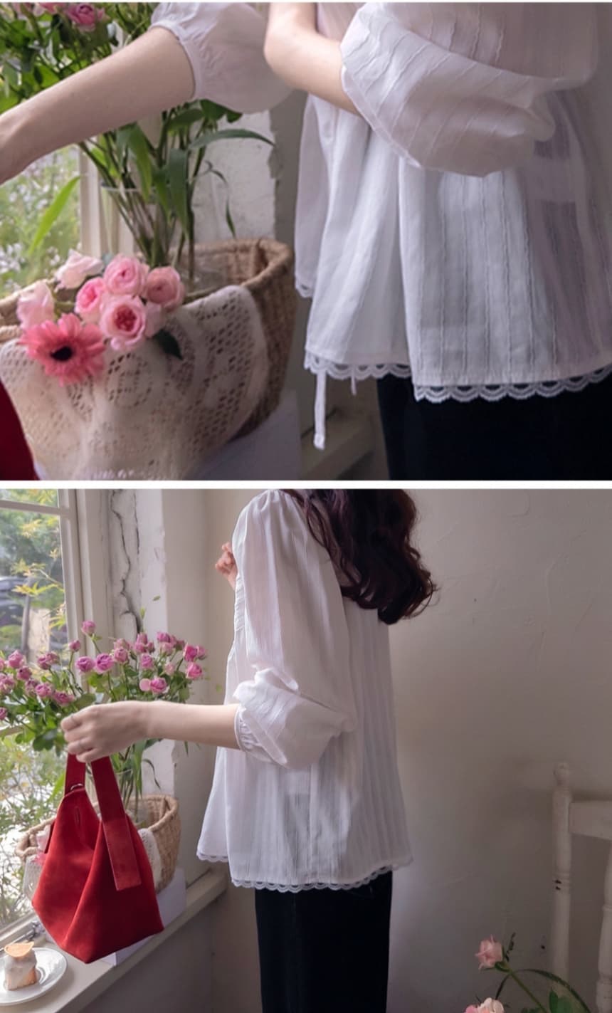 재고 있음 cherry 레트로 문예 레이스 조각 v 종류 명중 기사 장식 리본 단색 긴팔 맨위 여성 셔츠 상세 이미지 2