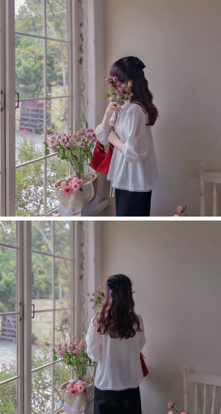 재고 있음 cherry 레트로 문예 레이스 조각 v 종류 명중 기사 장식 리본 단색 긴팔 맨위 여성 셔츠 상세 이미지 3