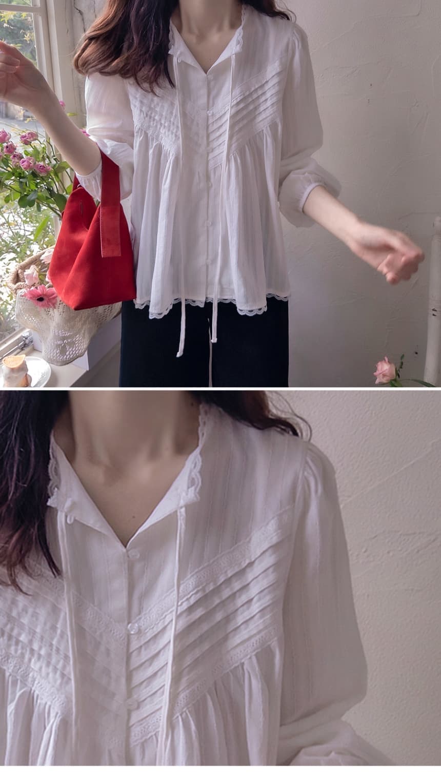 재고 있음 cherry 레트로 문예 레이스 조각 v 종류 명중 기사 장식 리본 단색 긴팔 맨위 여성 셔츠 상세 이미지 4