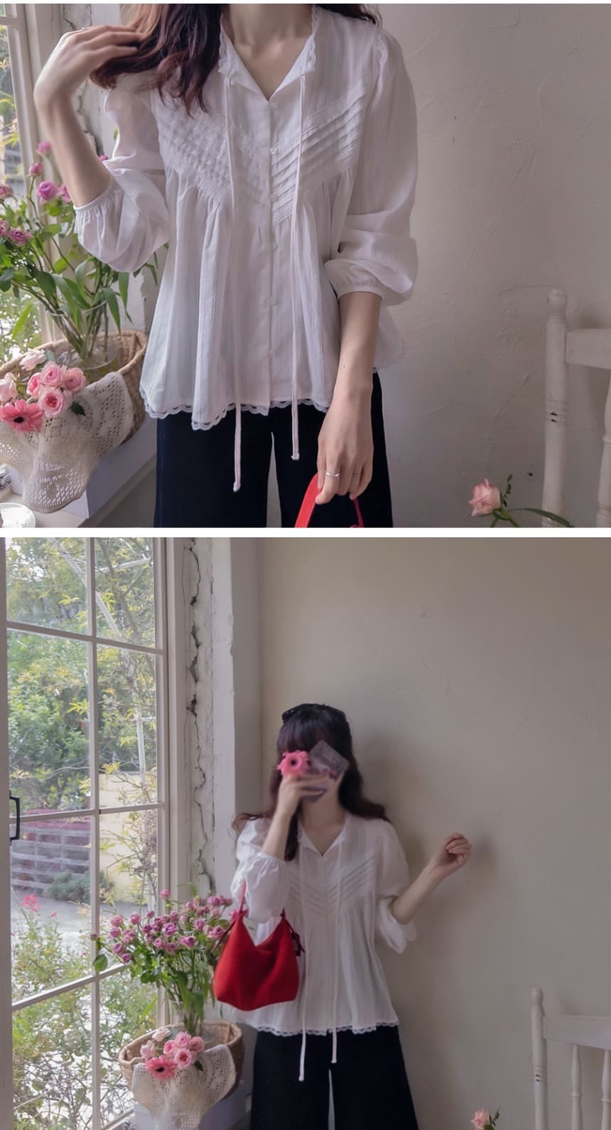 재고 있음 cherry 레트로 문예 레이스 조각 v 종류 명중 기사 장식 리본 단색 긴팔 맨위 여성 셔츠 상세 이미지 5