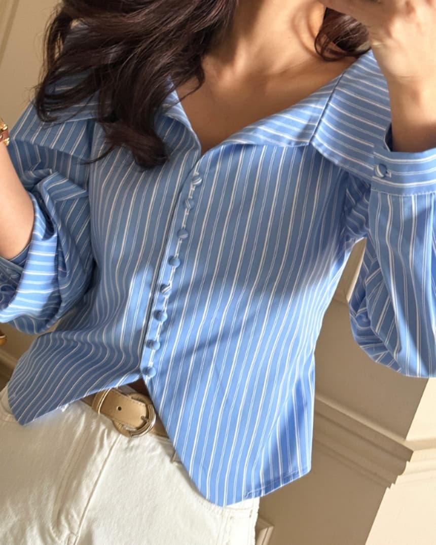 재고 있음 cherry 빅 칼라 이슬 쇄골 허리 수축 작은 대중 슬림해 보이는 단추 꾸밈음 캐주얼 셔츠 전후 둘 착용 상세 이미지 1