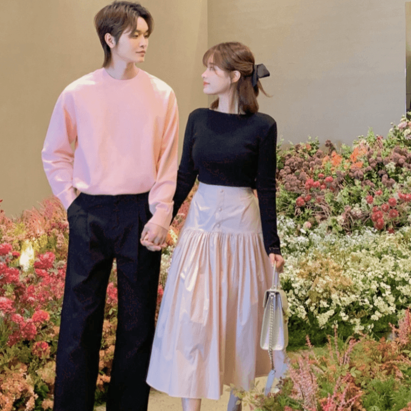 재고 있음 cherry 하이웨이스트 단추 장식 품격 측면 지퍼 등 허리 밴딩 다용도 한 마디 중간 길이 반신 스커트