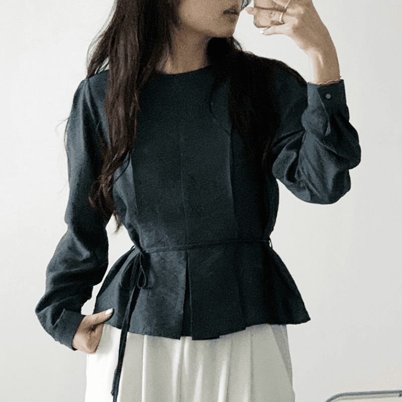 재고 있음 cherry 프랑스식 빛 요리 한 라운드 넥 출퇴근 부드러운 프릴 밑단 품격 긴팔 셔츠 벨트 포함 이미지 4
