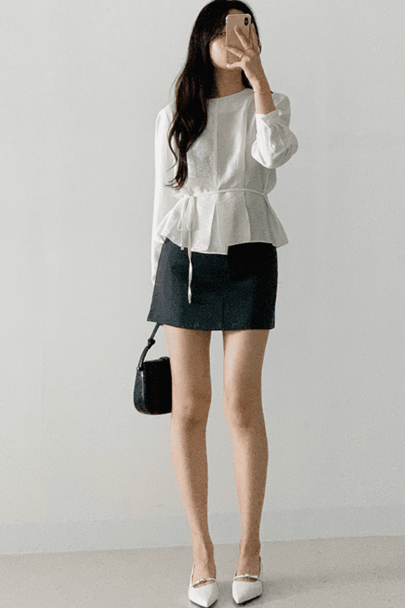 재고 있음 cherry 프랑스식 빛 요리 한 라운드 넥 출퇴근 부드러운 프릴 밑단 품격 긴팔 셔츠 벨트 포함 이미지 2