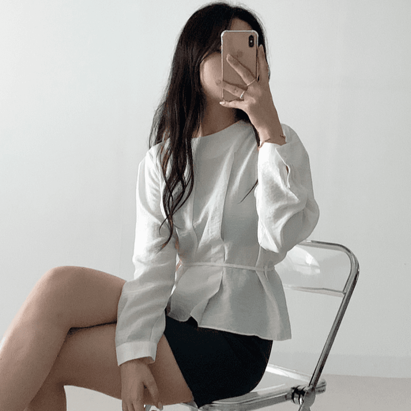 재고 있음 cherry 프랑스식 빛 요리 한 라운드 넥 출퇴근 부드러운 프릴 밑단 품격 긴팔 셔츠 벨트 포함 이미지 5