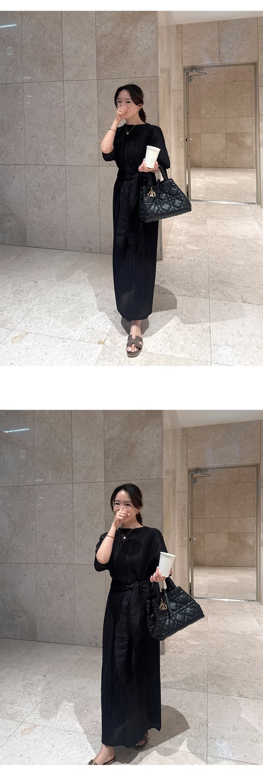 재고 있음 cherry 익스트림 제인 세 하우스 바람 도루 가을 루즈핏 슬림해 보이는 품격 반팔 플리츠 드레스 투피스 세트 상세 이미지 18