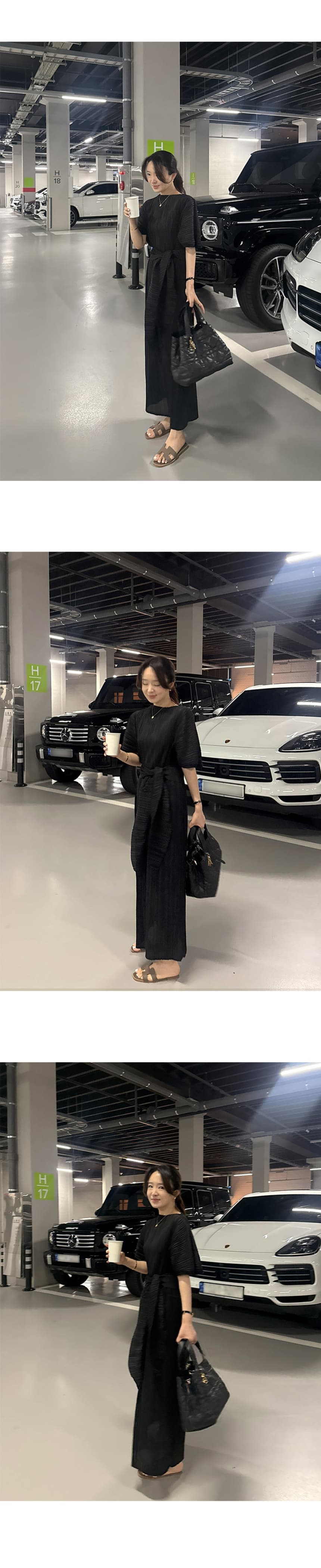 재고 있음 cherry 익스트림 제인 세 하우스 바람 도루 가을 루즈핏 슬림해 보이는 품격 반팔 플리츠 드레스 투피스 세트 상세 이미지 21