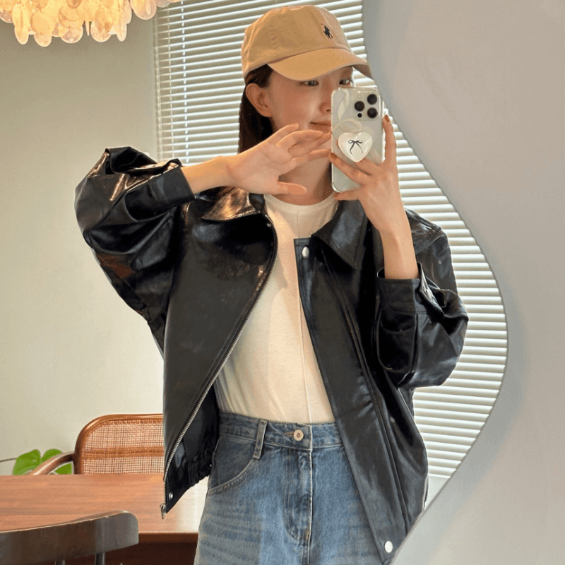 재고 있음 cherry 레트로 ins 폴로 칼라 중성 캐주얼 가방 삽입 오토바이 재킷 pu 가죽 재킷 다용도 여성 코트 이미지 2