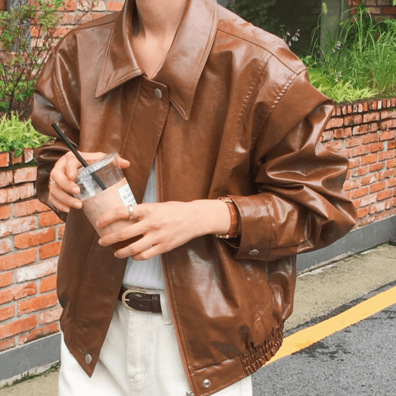 재고 있음 cherry 레트로 ins 폴로 칼라 중성 캐주얼 가방 삽입 오토바이 재킷 pu 가죽 재킷 다용도 여성 코트 이미지 5
